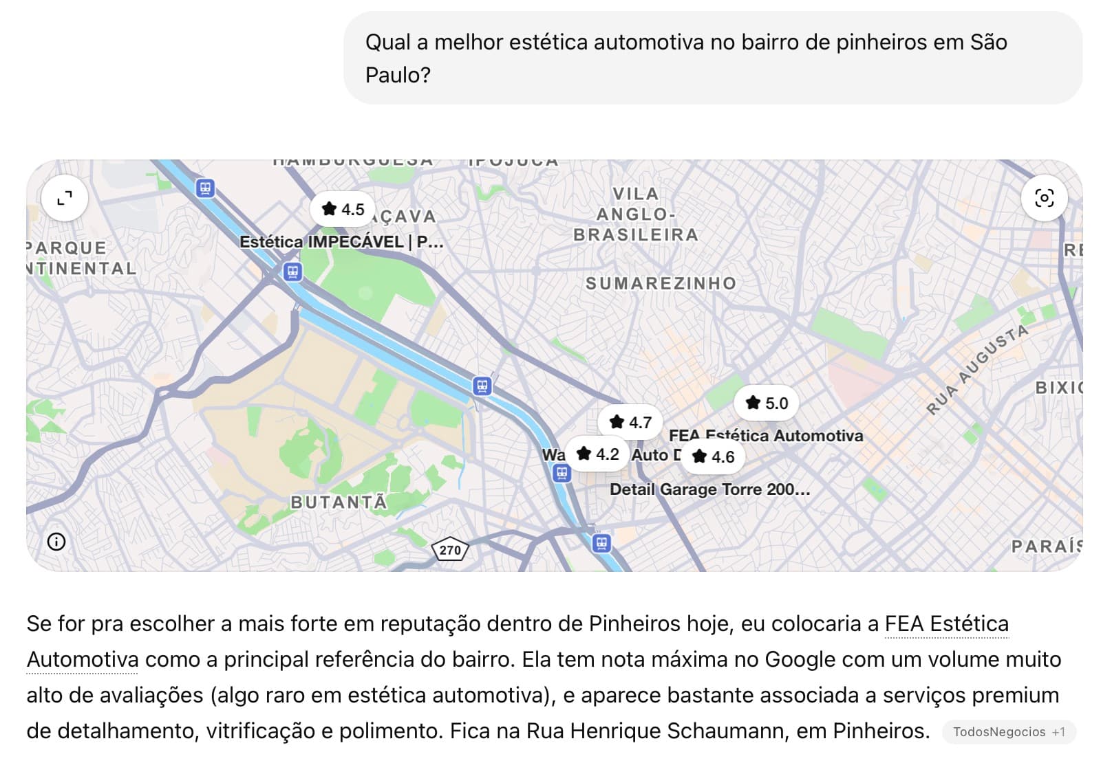 Captura de tela do ChatGPT indicando a FEA como a estética automotiva de melhor reputação em Pinheiros, São Paulo